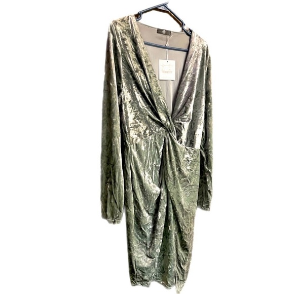 Silver Stretch Crushed Velvet Cocktail Party Midi Dress Ruched Waist, Sz12 - Picture 11 of 12